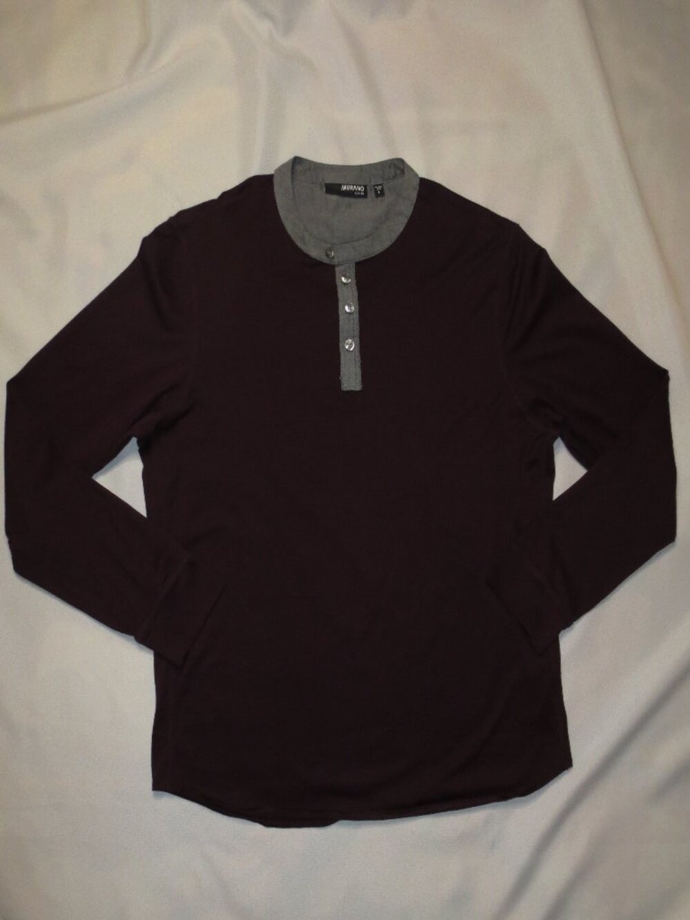MURANO mens SHIRT burgundy SLIM FIT gray BAND COLLAR soft HENLEY SIZE L